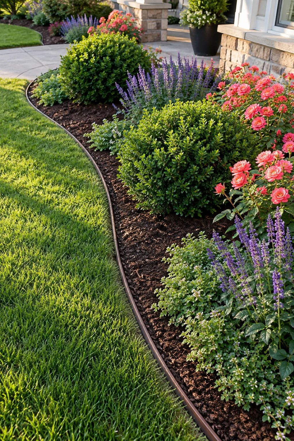 Brown drip irrigation tubing weaving through dark mulch around the base of a purple salvia plant.
