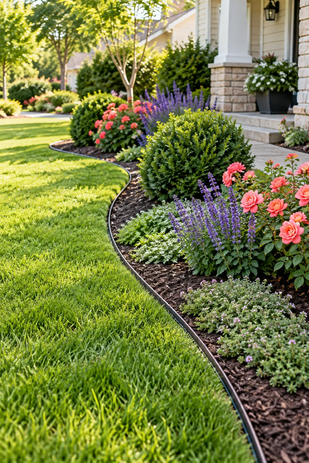 A gracefully curved garden bed with smooth dark mulch and healthy shrubs bordering a bright green lawn.