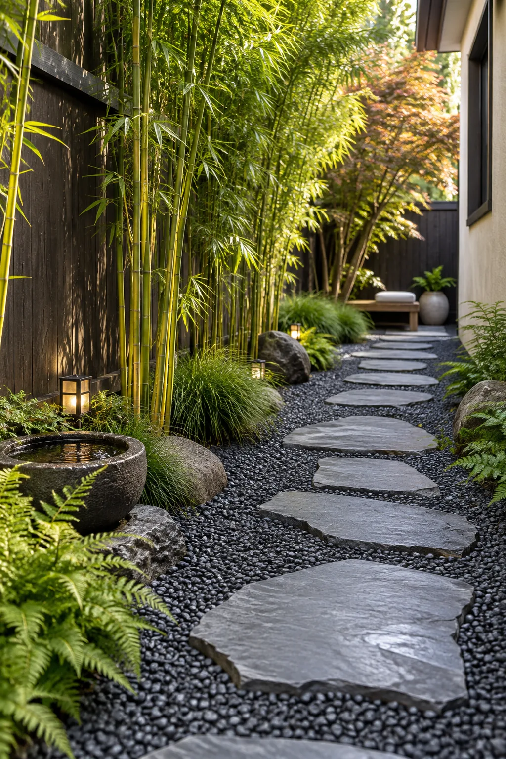 Japanese Zen side yard with dark basalt gravel, irregular bluestone steppers, and bamboo.