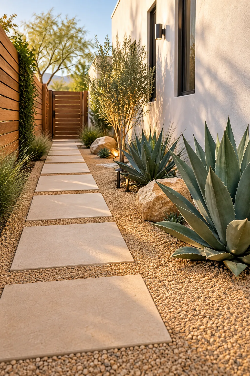 Desert modern side yard with decomposed granite, warm concrete pavers, and agave plants.