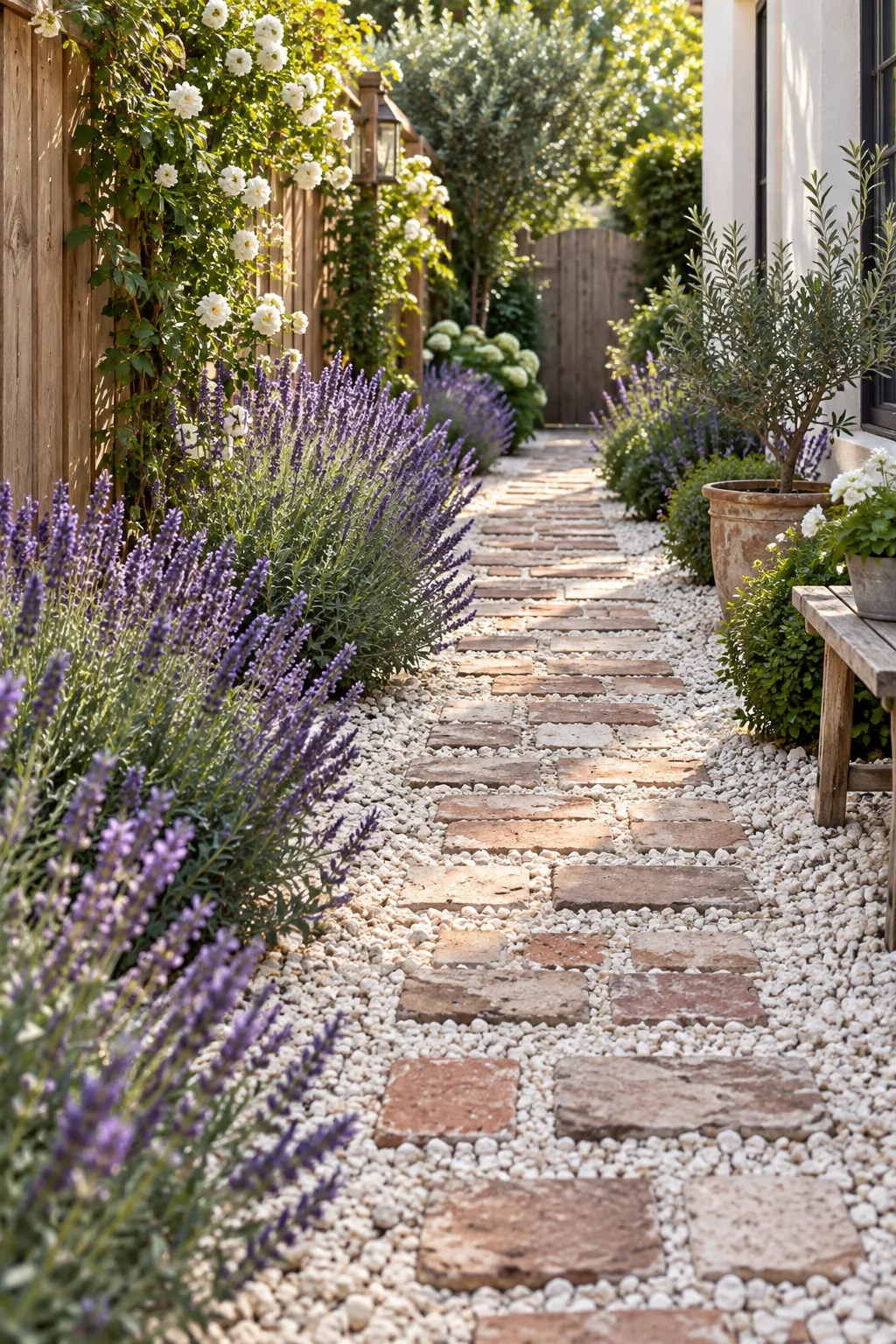English cottage side yard with tumbled brick pavers, crushed limestone, and blooming lavender.