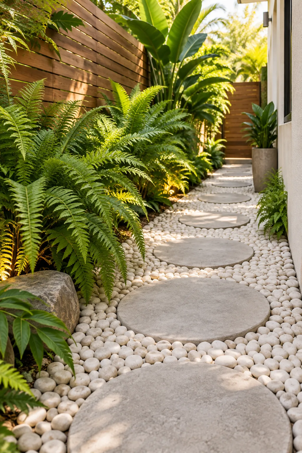 Tropical oasis side yard with white river rock, round steppers, and large ferns.