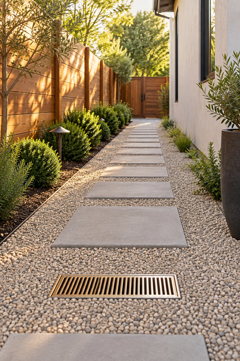 Sleek brass catch basin grate installed flush within a smooth pea gravel walkway.