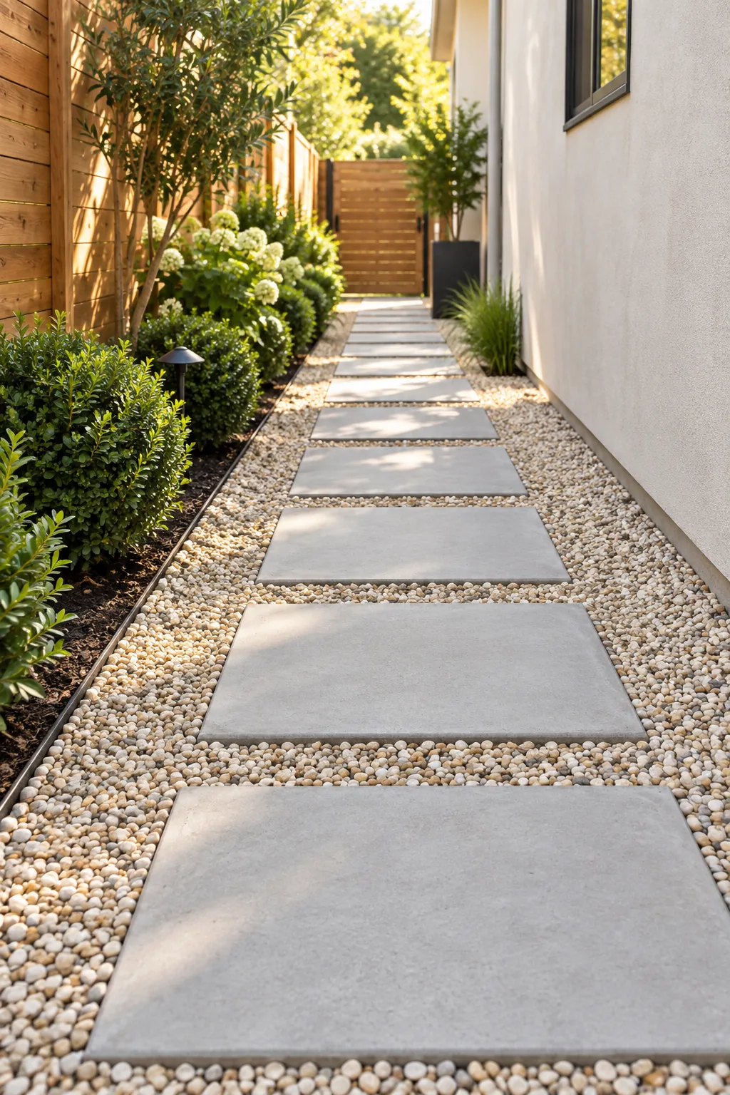 Close-up of a smooth concrete paver sitting perfectly level with tightly packed angular pea gravel.