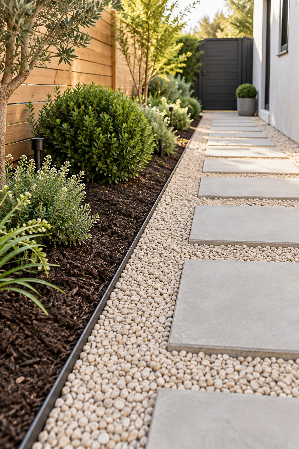 Long view down a side yard path showing evenly spaced rectangular concrete pavers in gravel.