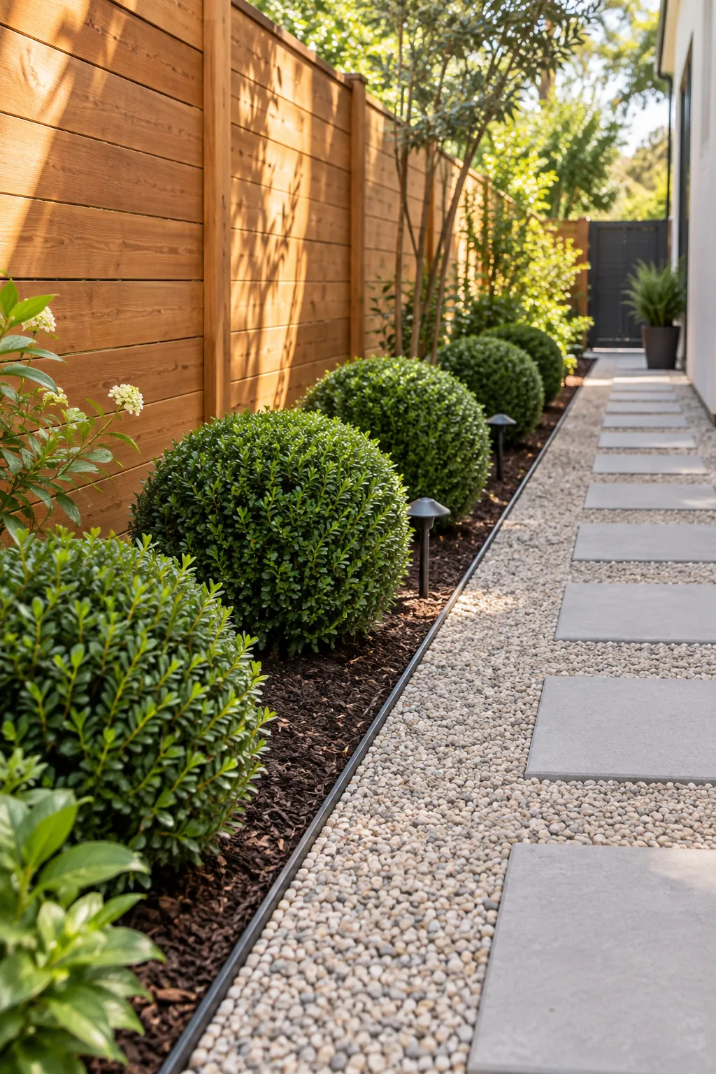 Crisp dark metal edging separating bright pea gravel from dark garden soil.