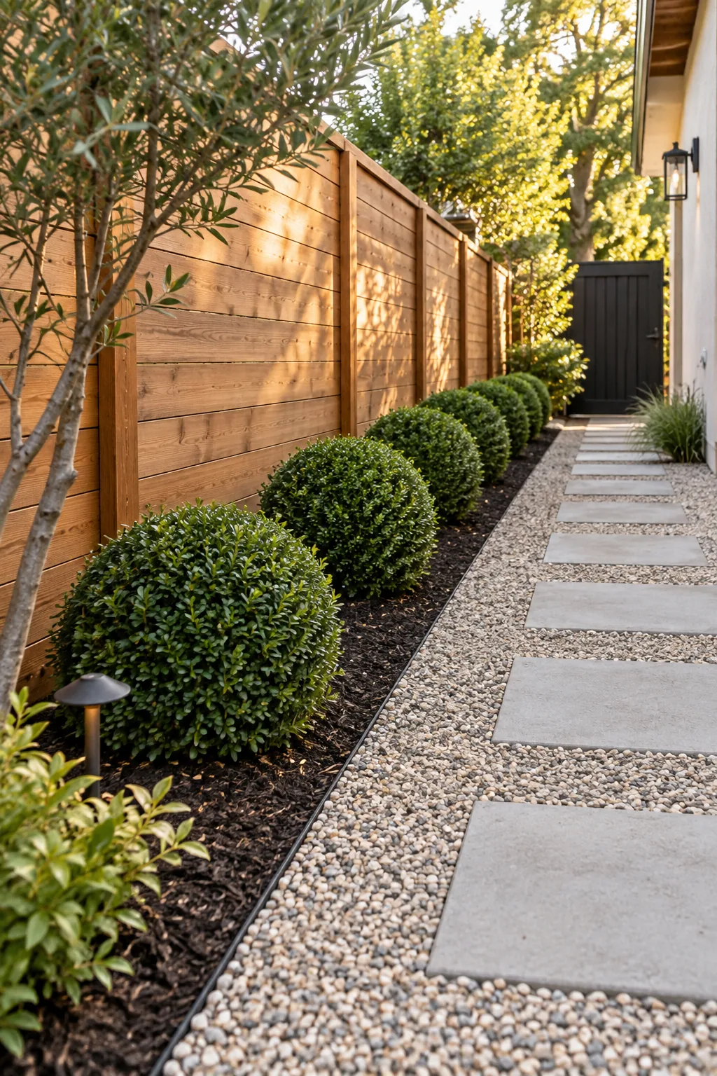 Small, perfectly round evergreen shrubs planted in a neat row against a cedar fence.