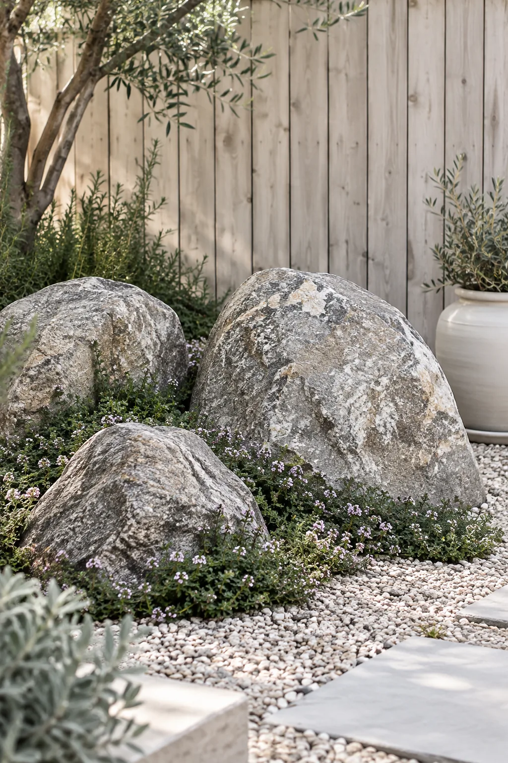 Three large boulders in a small rock garden with creeping thyme