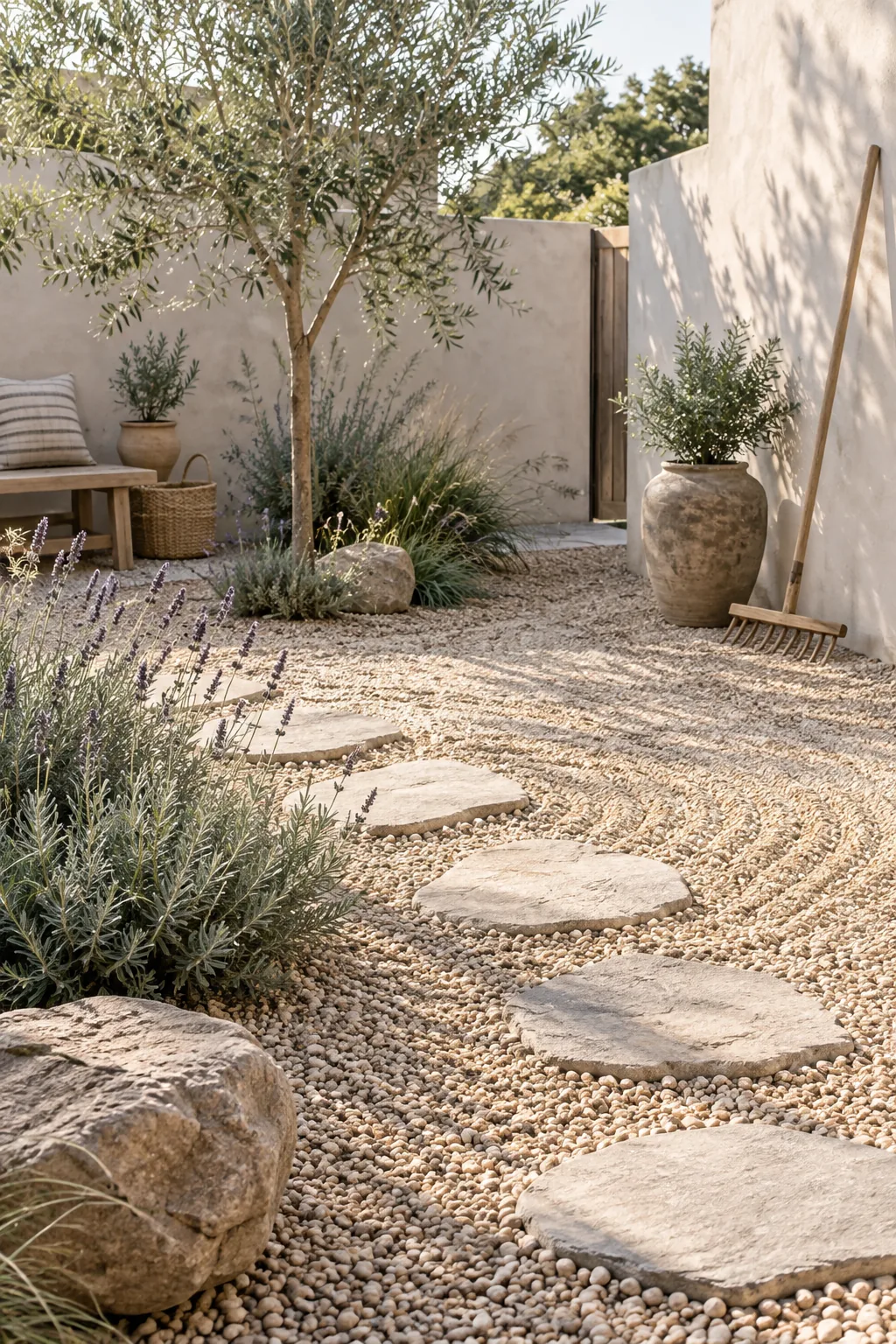 Pea gravel filling tight spaces around garden plants