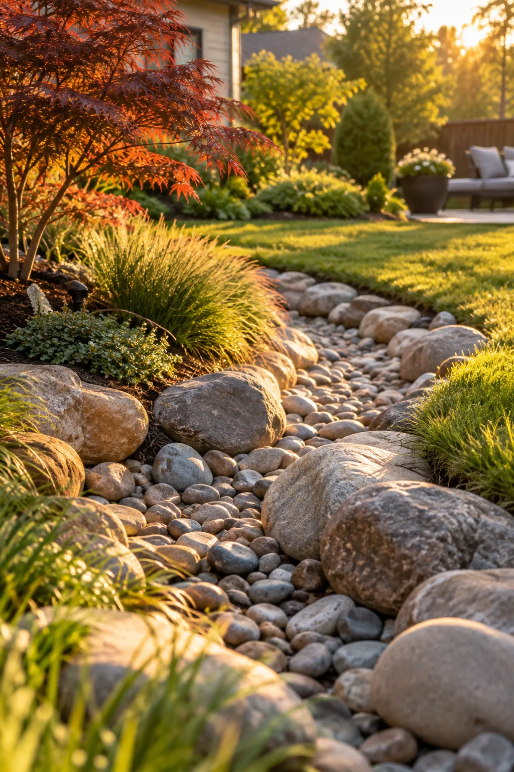 Shallow trench lined with river rocks mimicking a creek