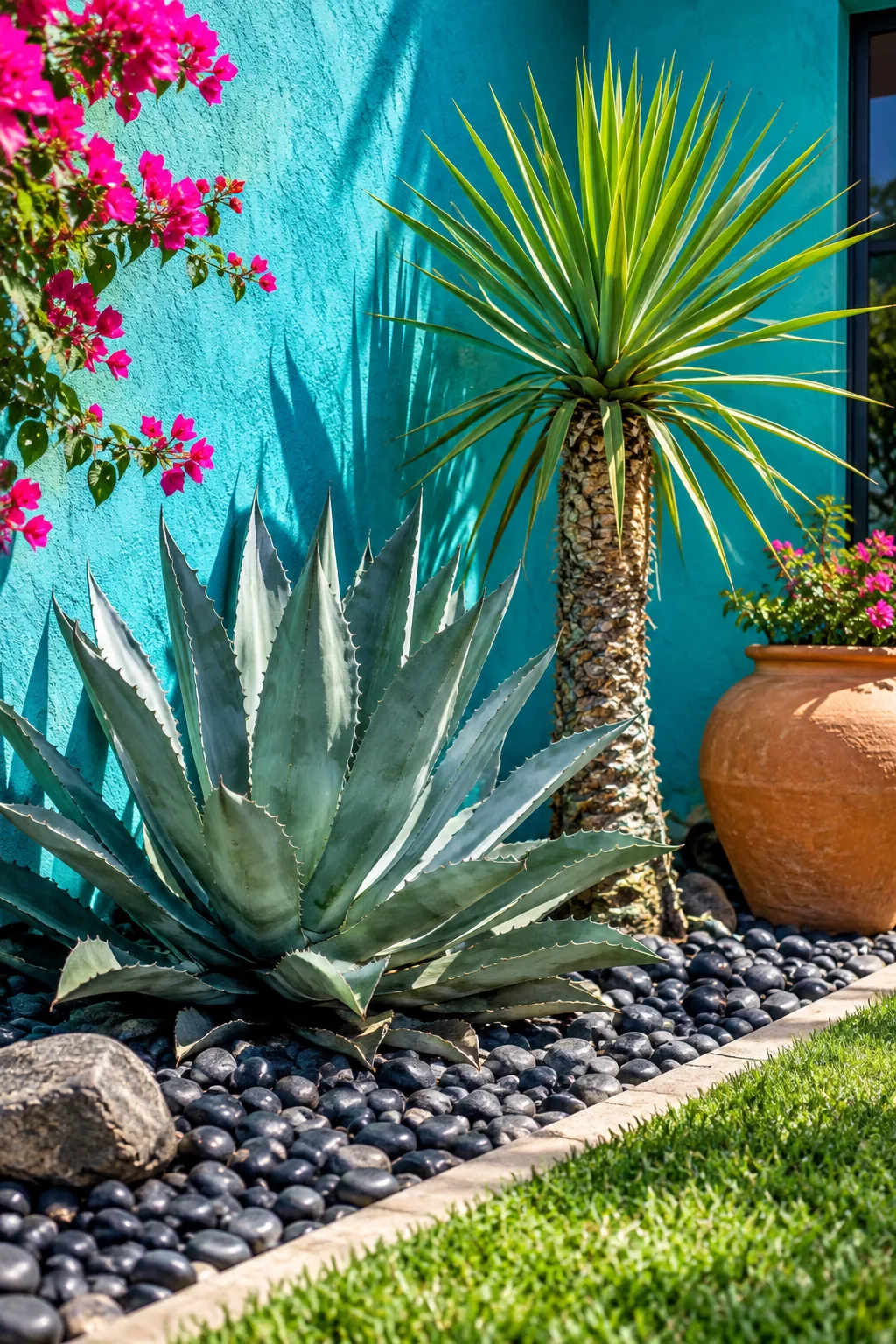 Black beach pebbles surrounding bright green agave plants