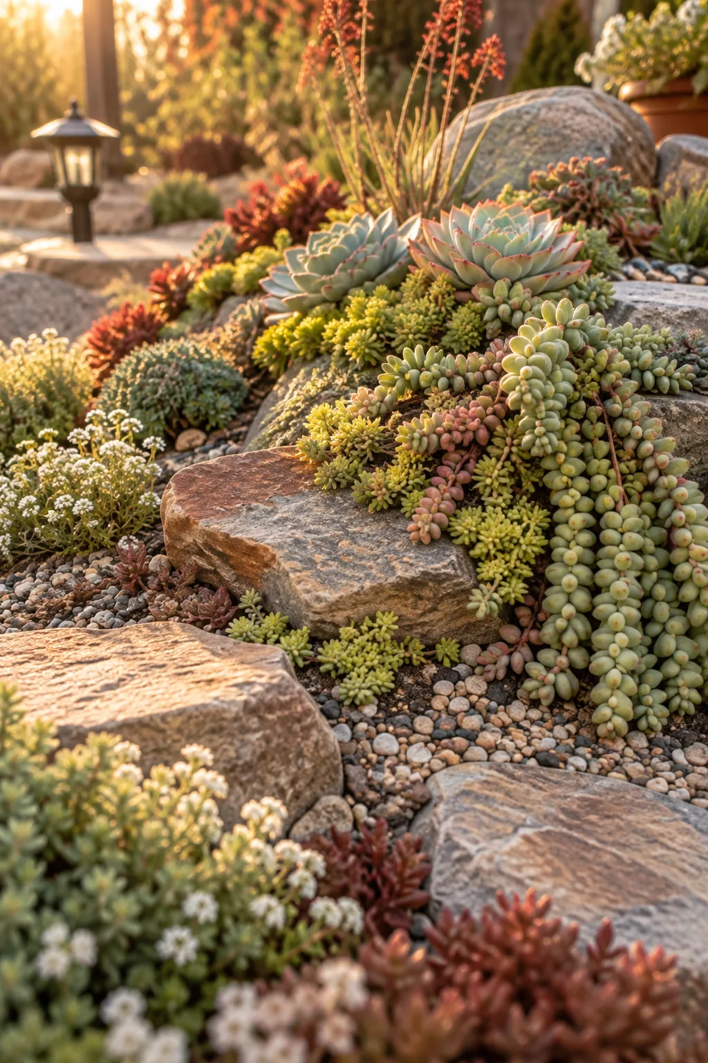 Mounded soil with flagstone and trailing plants