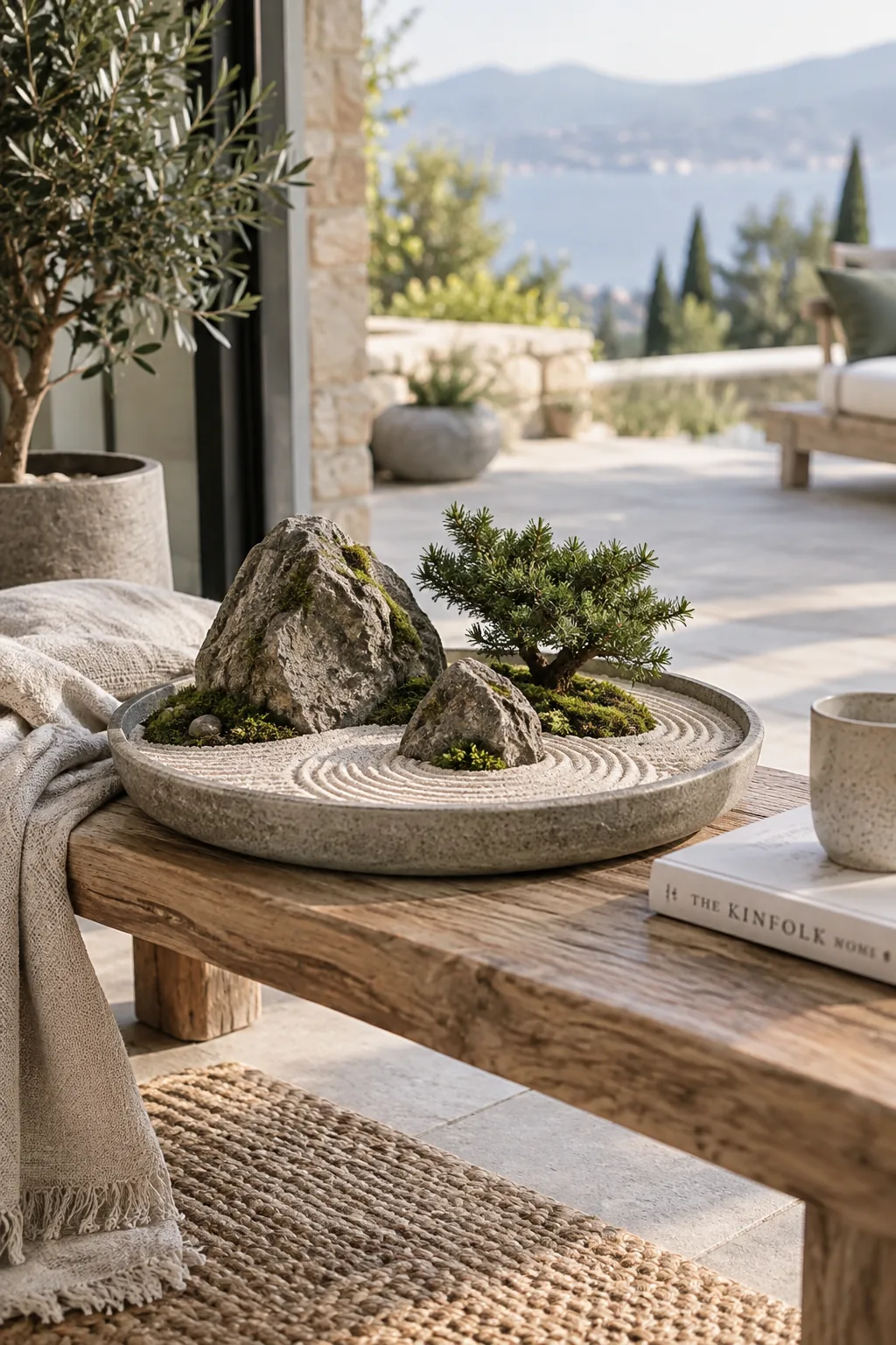 Raked white sand with mossy rocks and a dwarf pine
