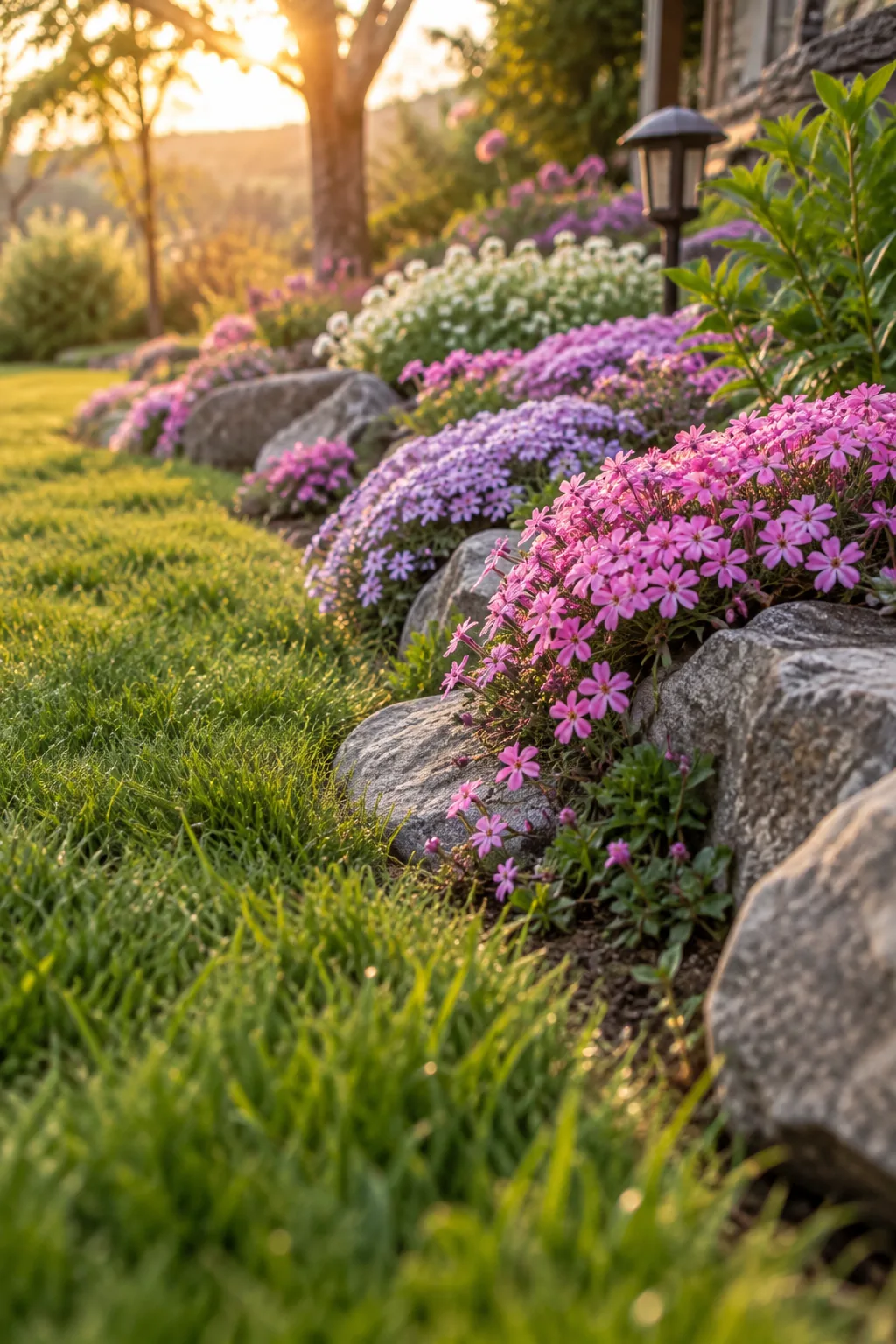 Creeping phlox spilling over stone borders