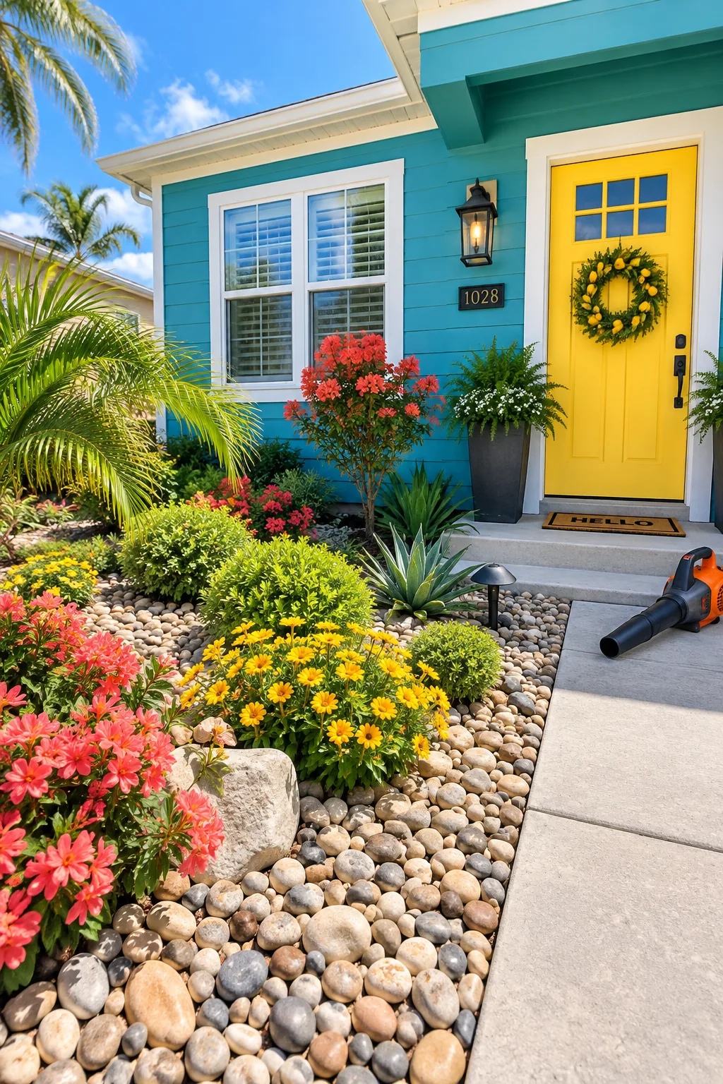 River rock mulch around foundation plants