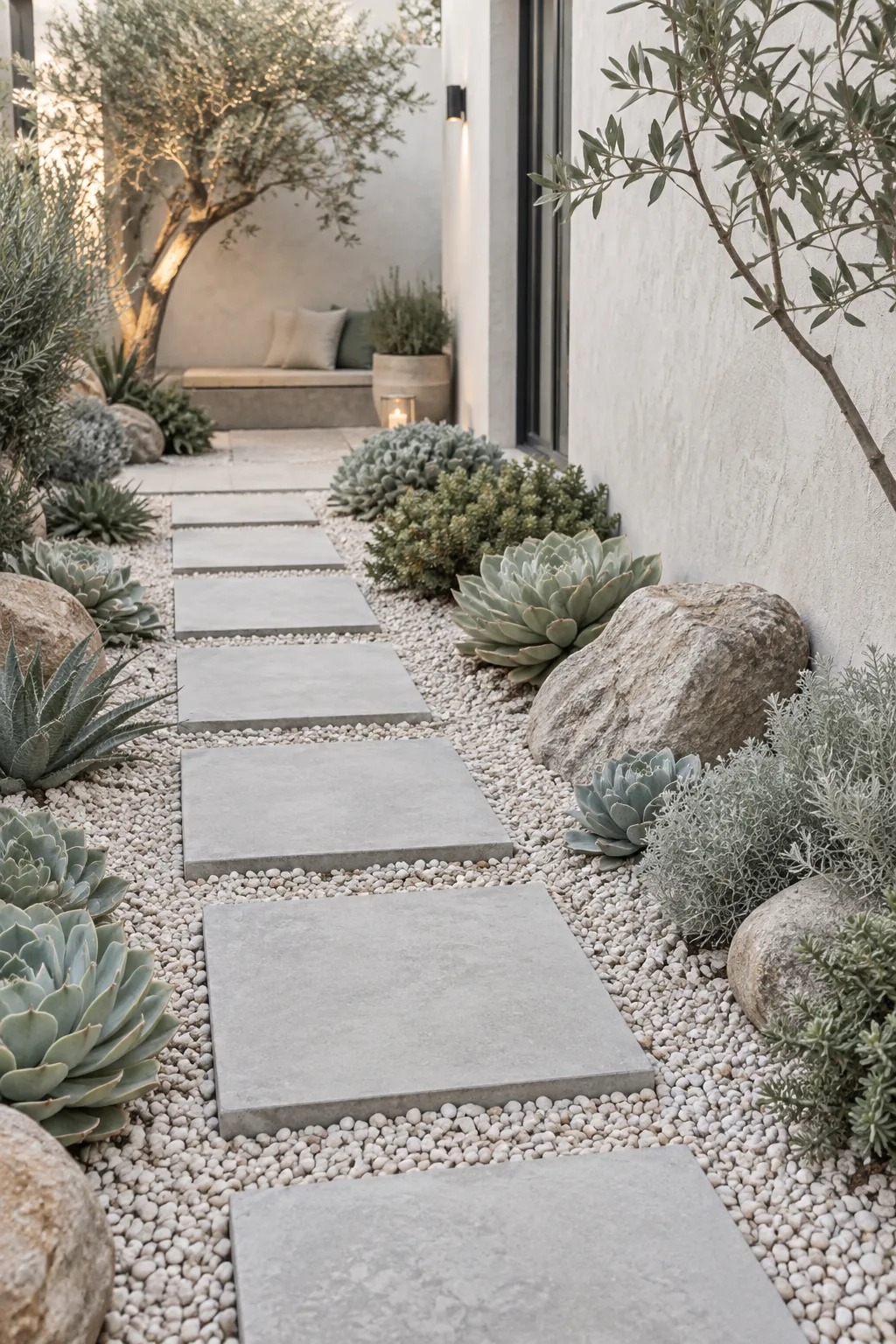 Square concrete pavers set in dark gravel