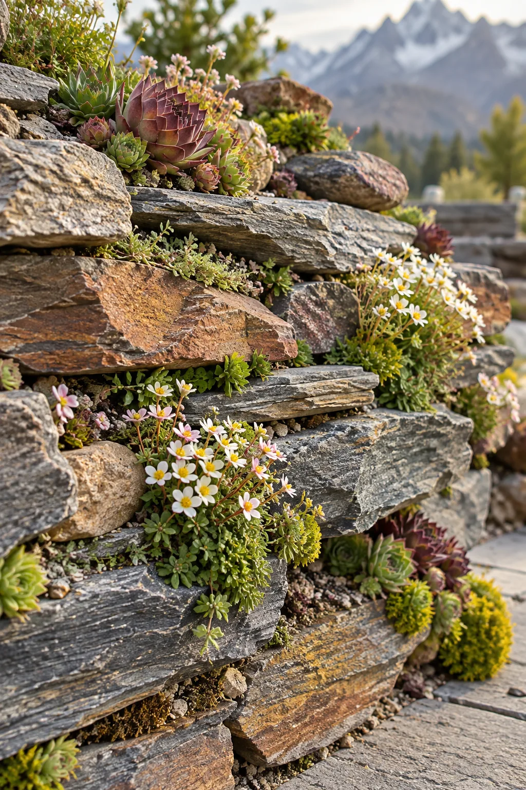 Stacked slate rocks with alpine plants in crevices