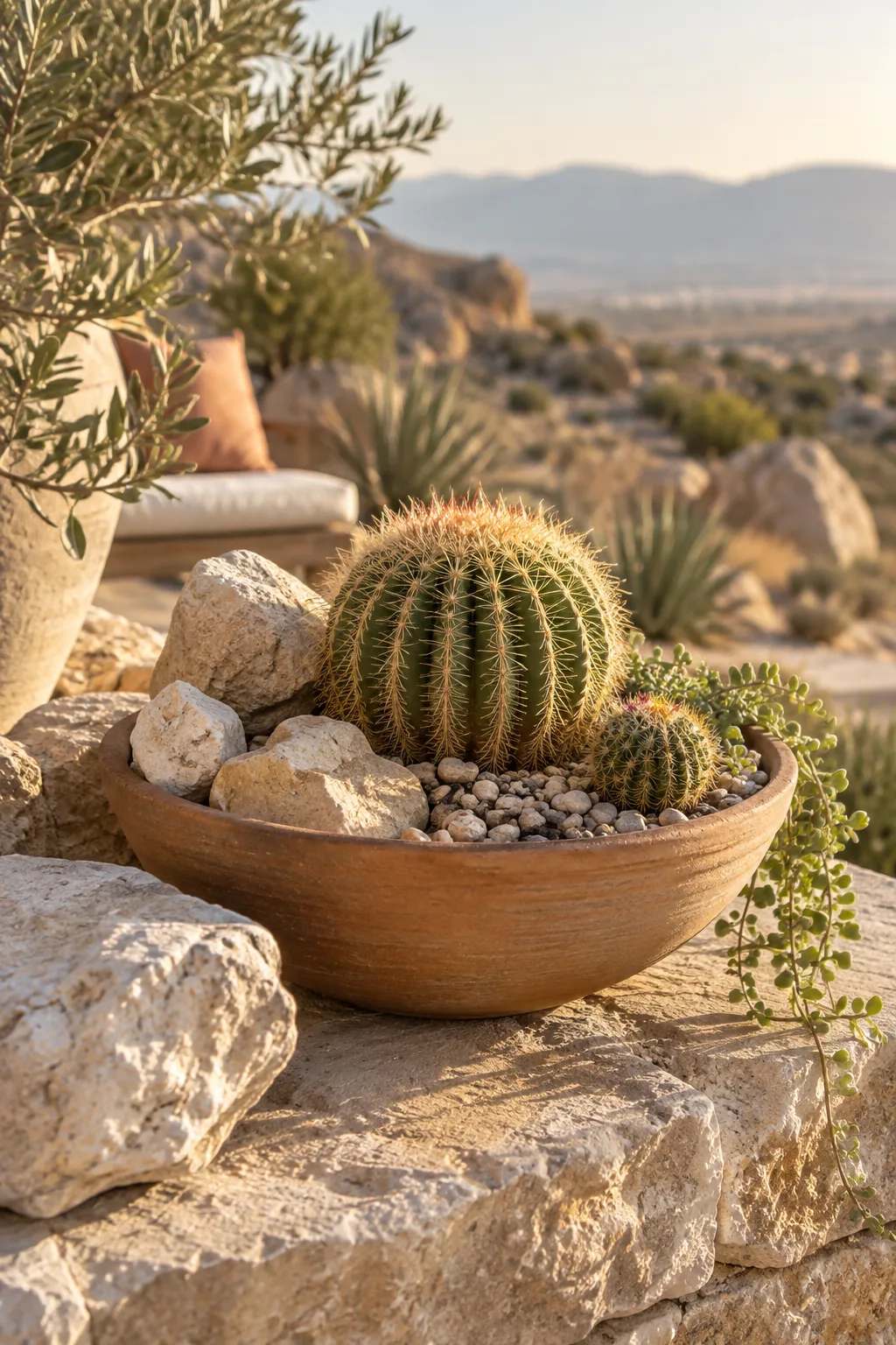 Pale limestone chunks with barrel cactus in the sun