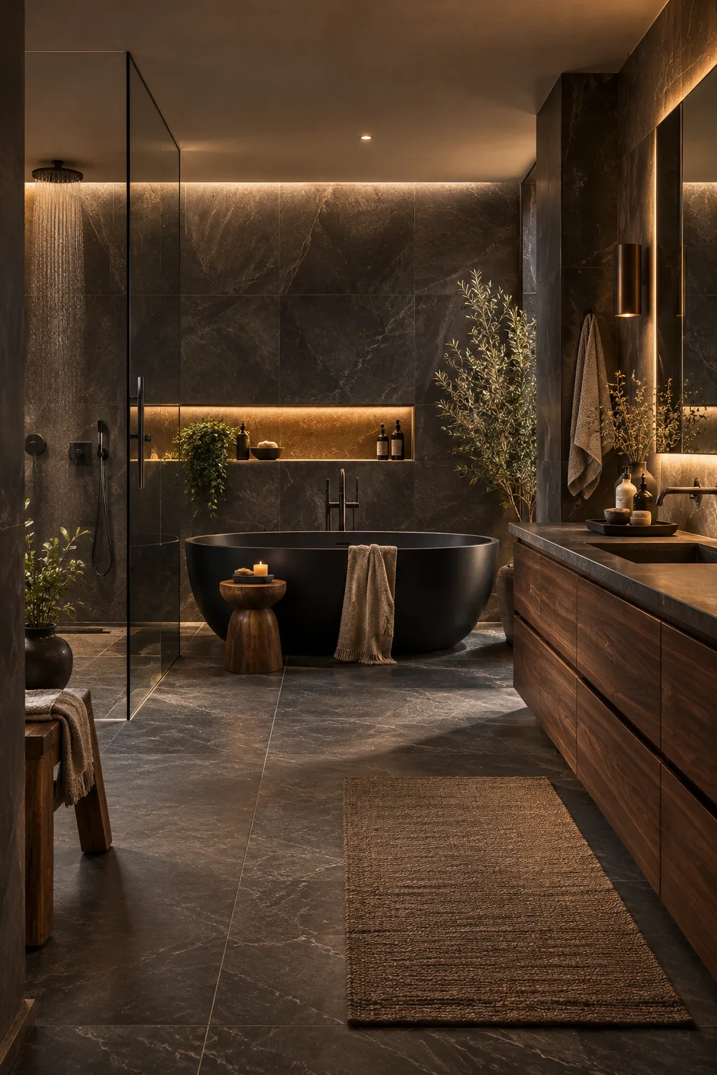 Dark slate luxury bathroom with a black soaking tub and a rich walnut vanity.