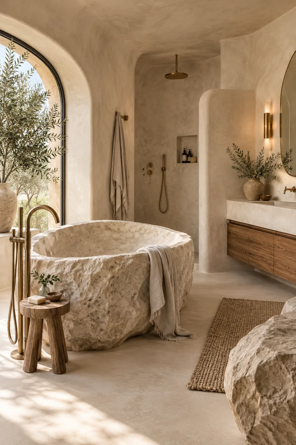 Earthy bathroom with textured beige plaster walls and an asymmetrical raw stone soaking tub.