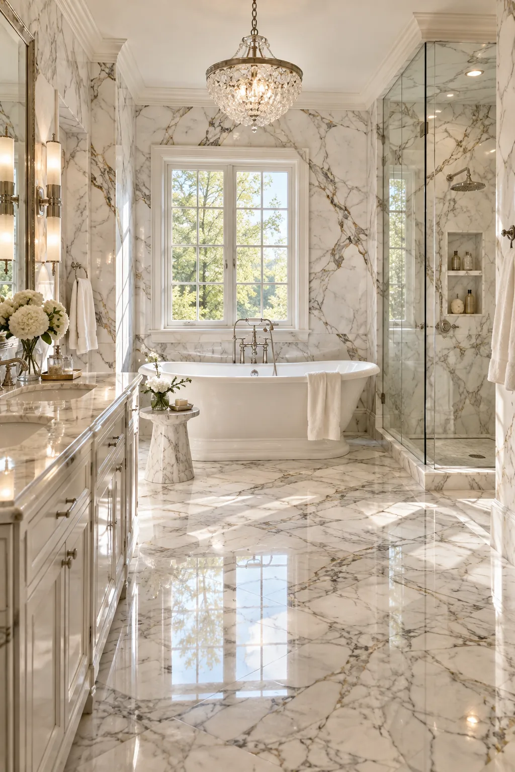 Traditional luxury bathroom covered in Calacatta marble with a white tub and polished nickel hardware.