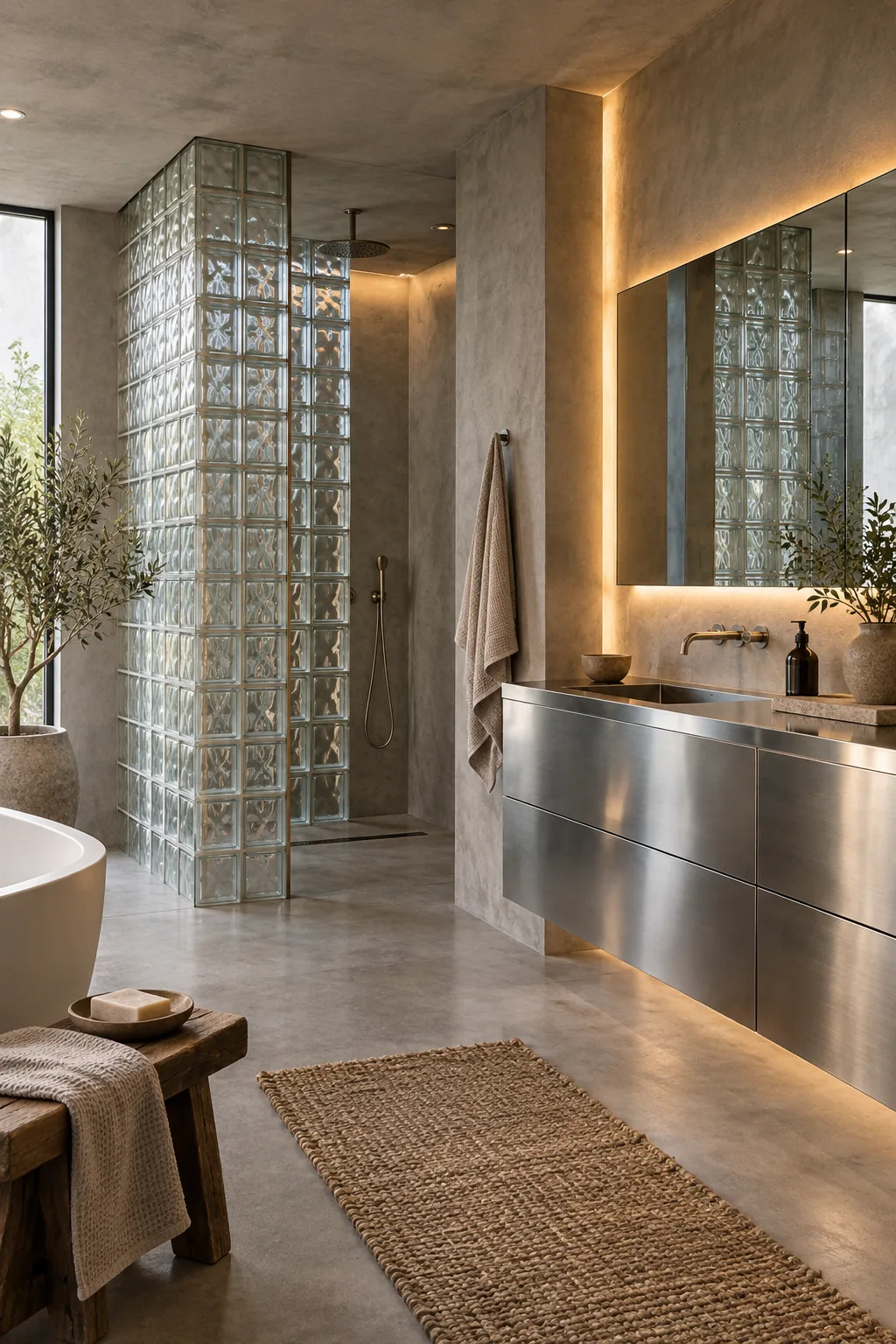 Industrial minimalist bathroom with poured concrete floors and a glass block shower wall.