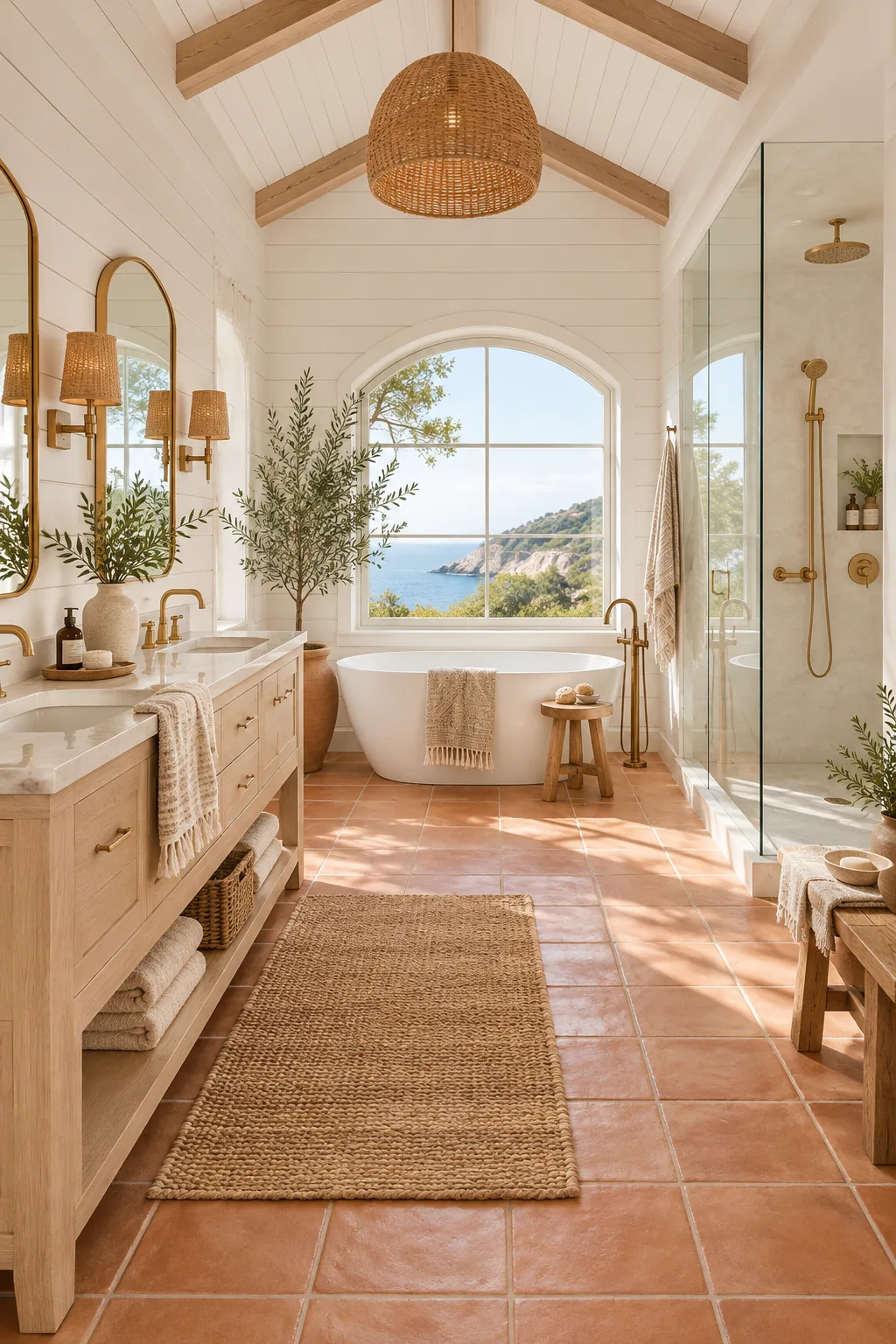 Bright coastal bathroom with warm terracotta floor tiles and a bleached white oak vanity.