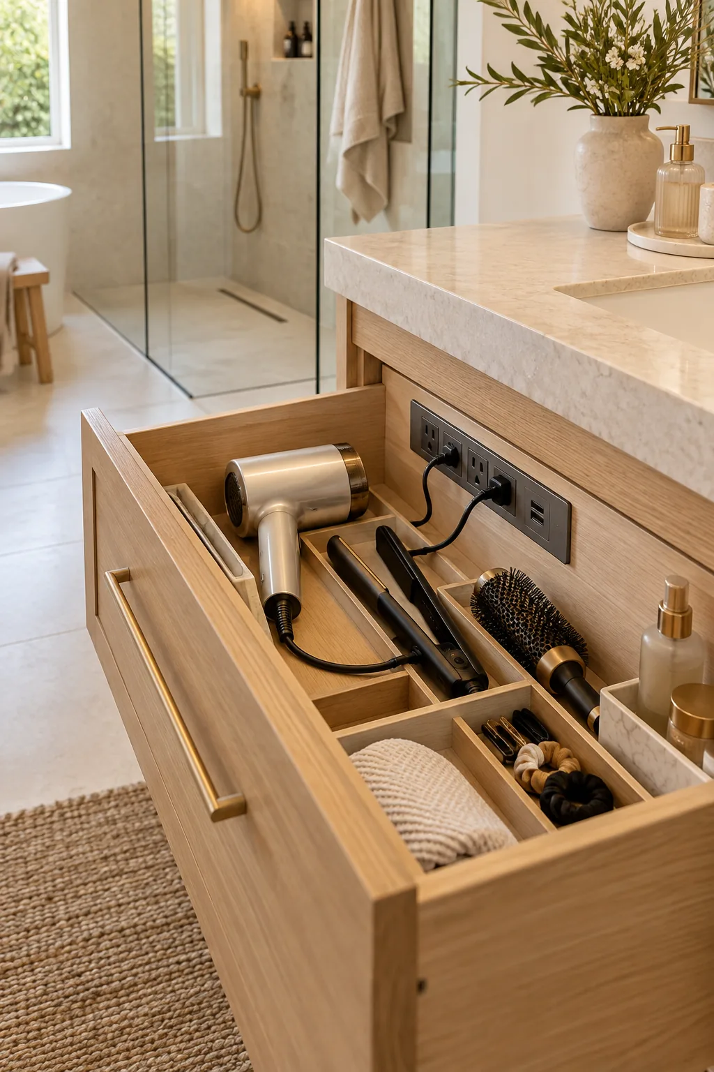 Open wooden vanity drawer revealing a built-in power strip and beautifully organized hair styling tools.