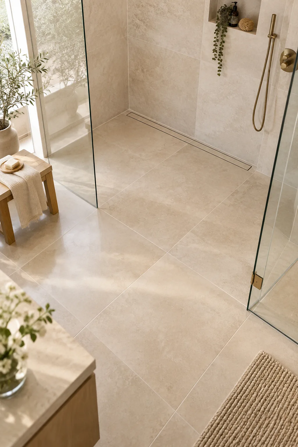 Seamless bathroom floor transition into a glass shower featuring a concealed tile-in linear drain.