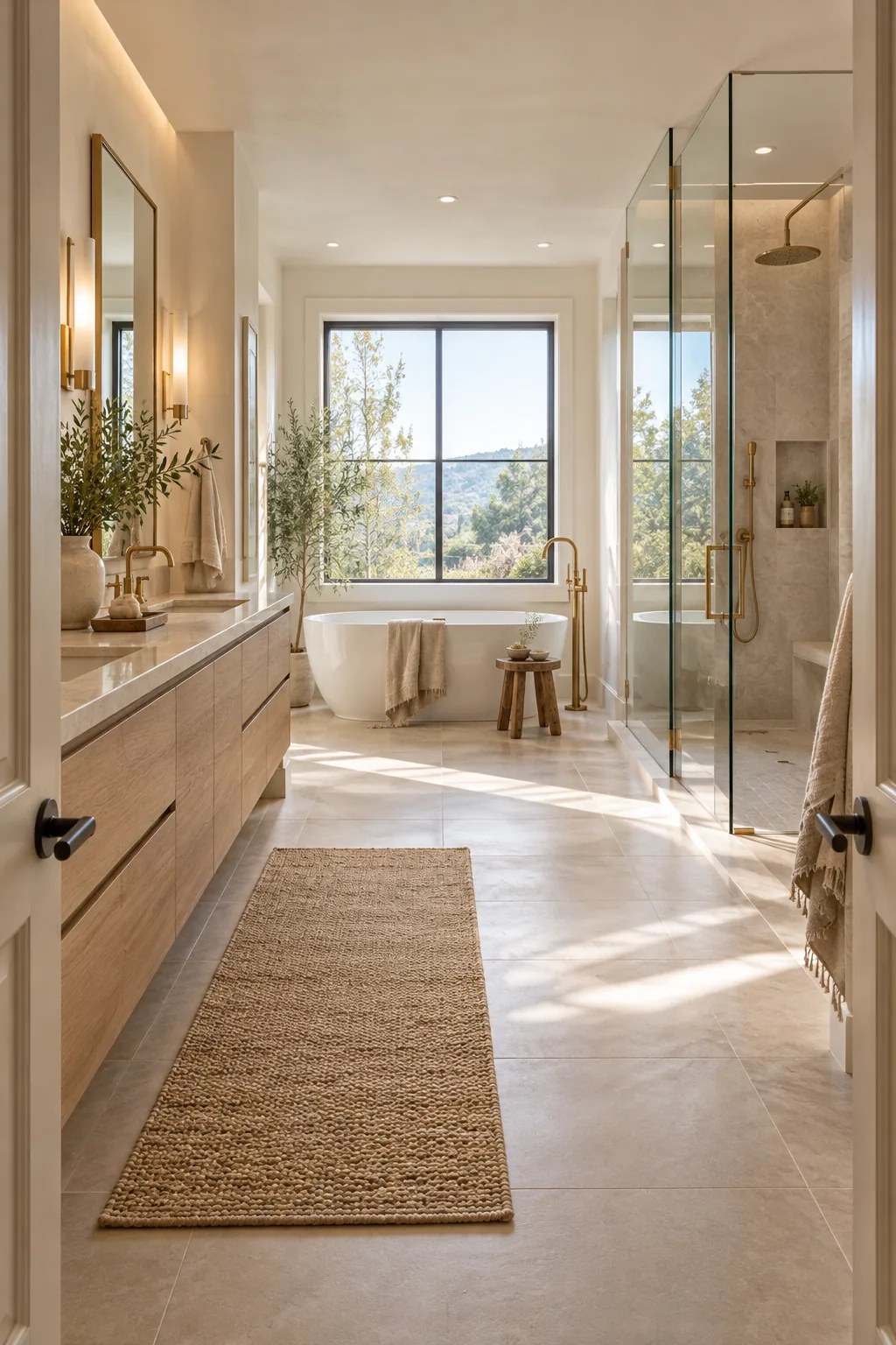 White freestanding soaking tub with a brushed brass floor-mounted faucet next to a bright window.