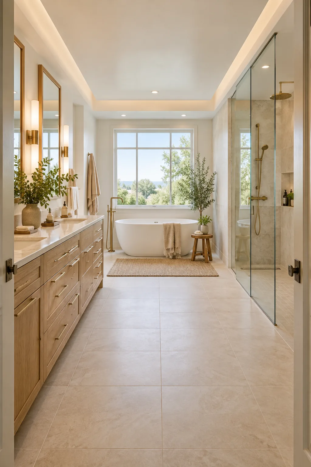 Wide view of a spacious luxury bathroom showing the clear, generous walkway between the vanity, tub, and shower.