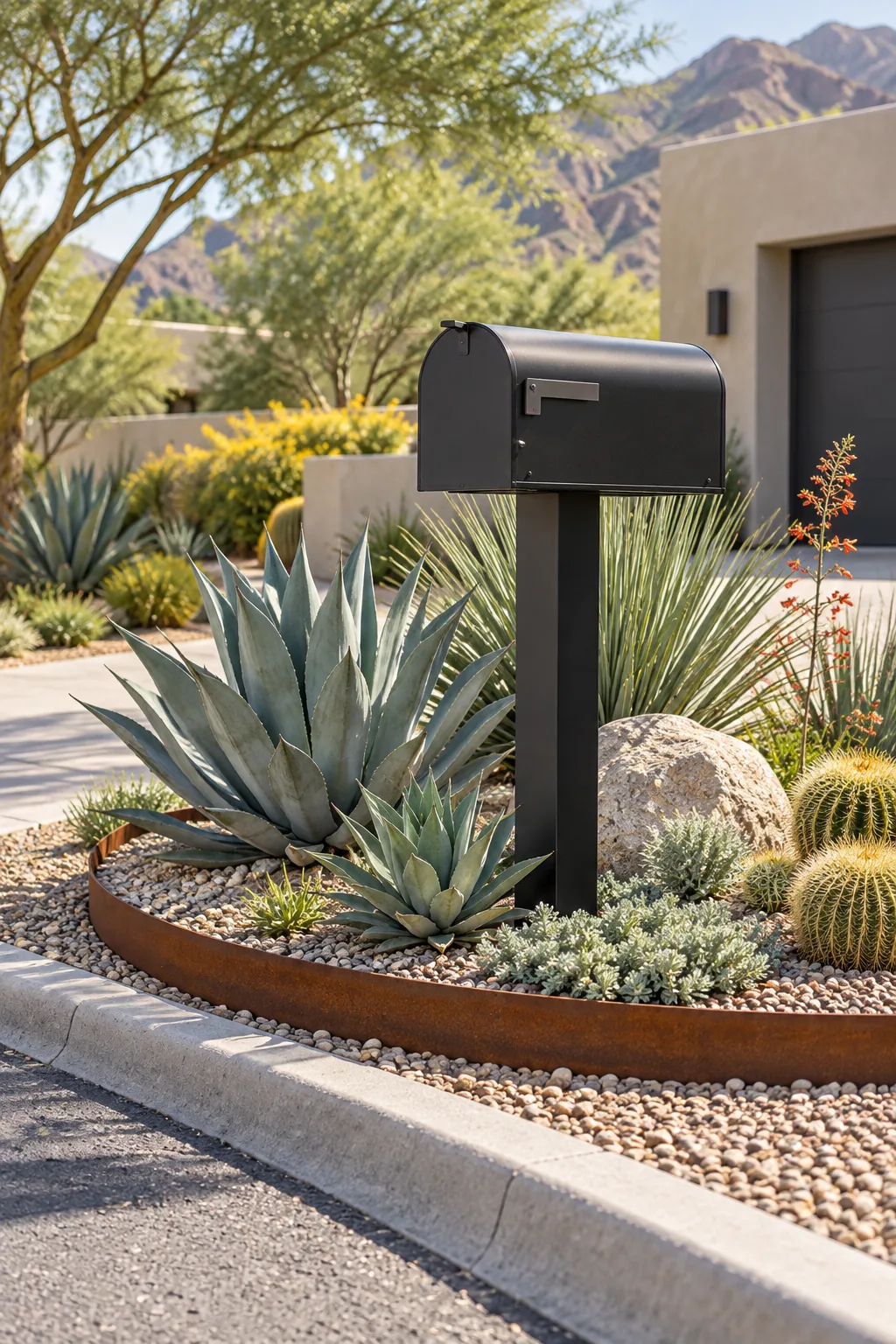 A sleek black mailbox surrounded by crushed gravel, agave plants, and corten steel edging.