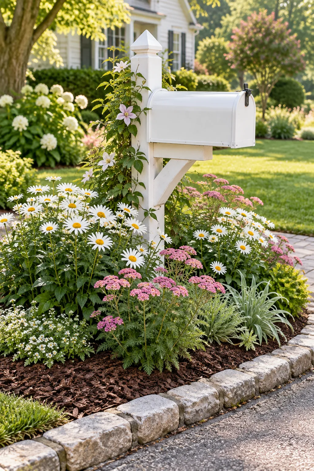 A white picket-style mailbox post surrounded by blooming white daisies and pink yarrow.