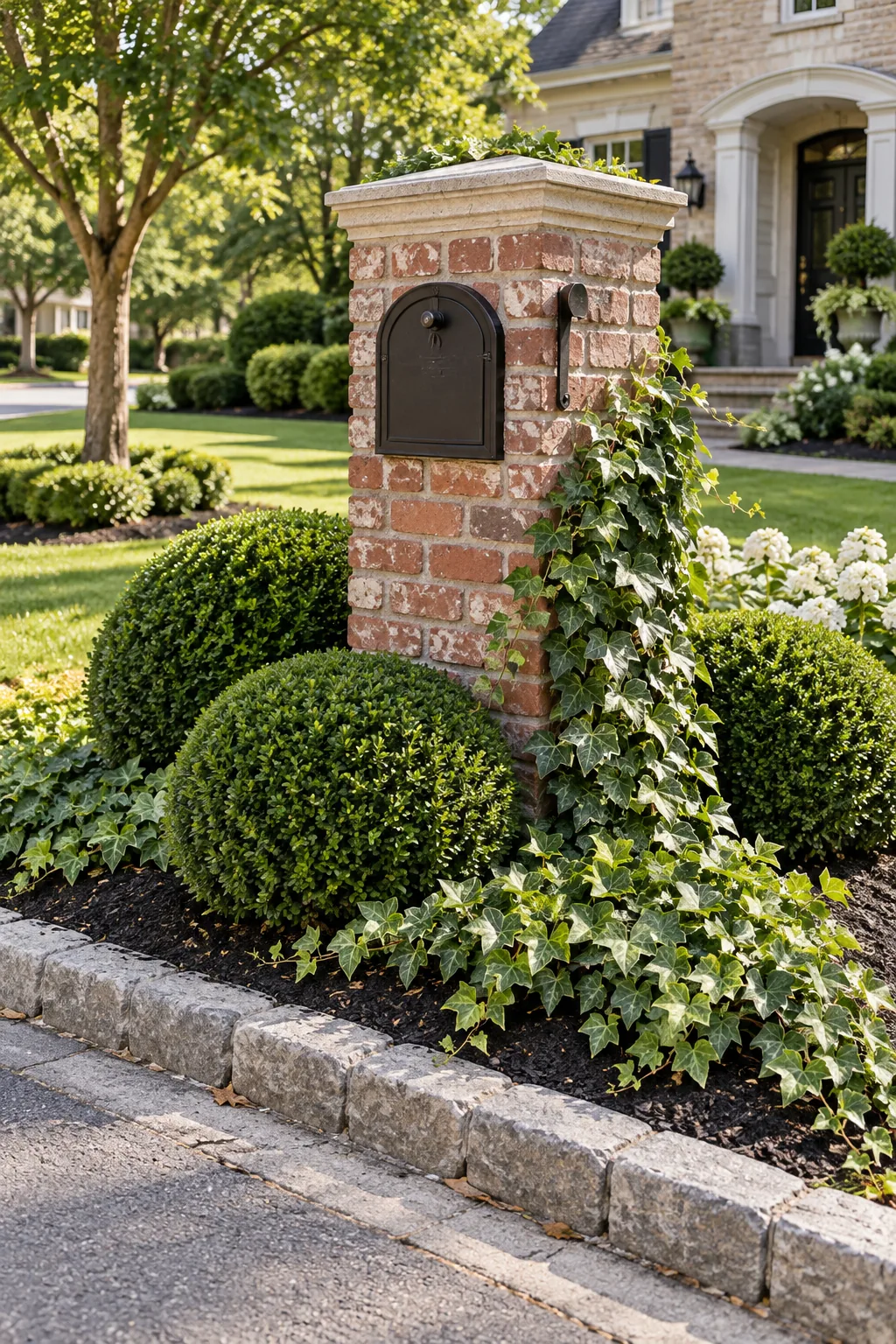 A brick pillar mailbox surrounded by neatly trimmed boxwood shrubs and trailing ivy.
