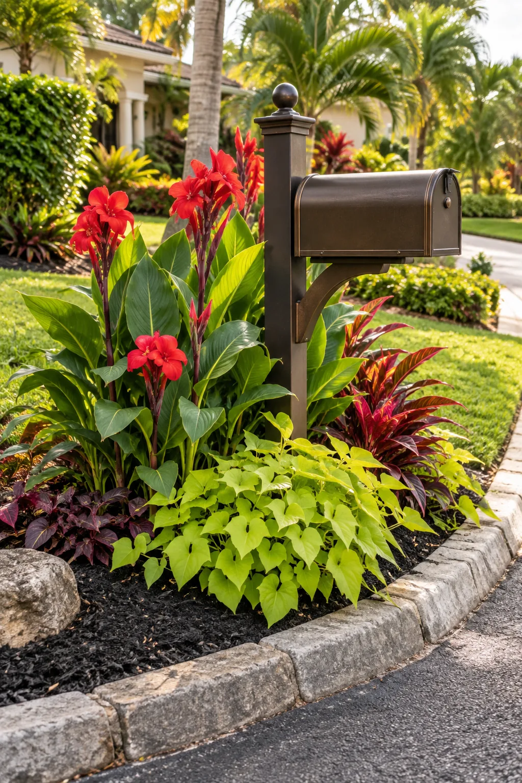 A dark bronze mailbox surrounded by tall red canna lilies and bright green sweet potato vines.