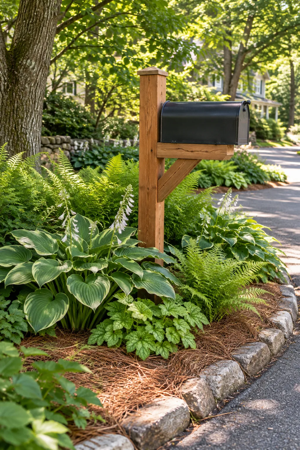 A rustic cedar mailbox post surrounded by large green hostas and delicate ferns in pine straw.