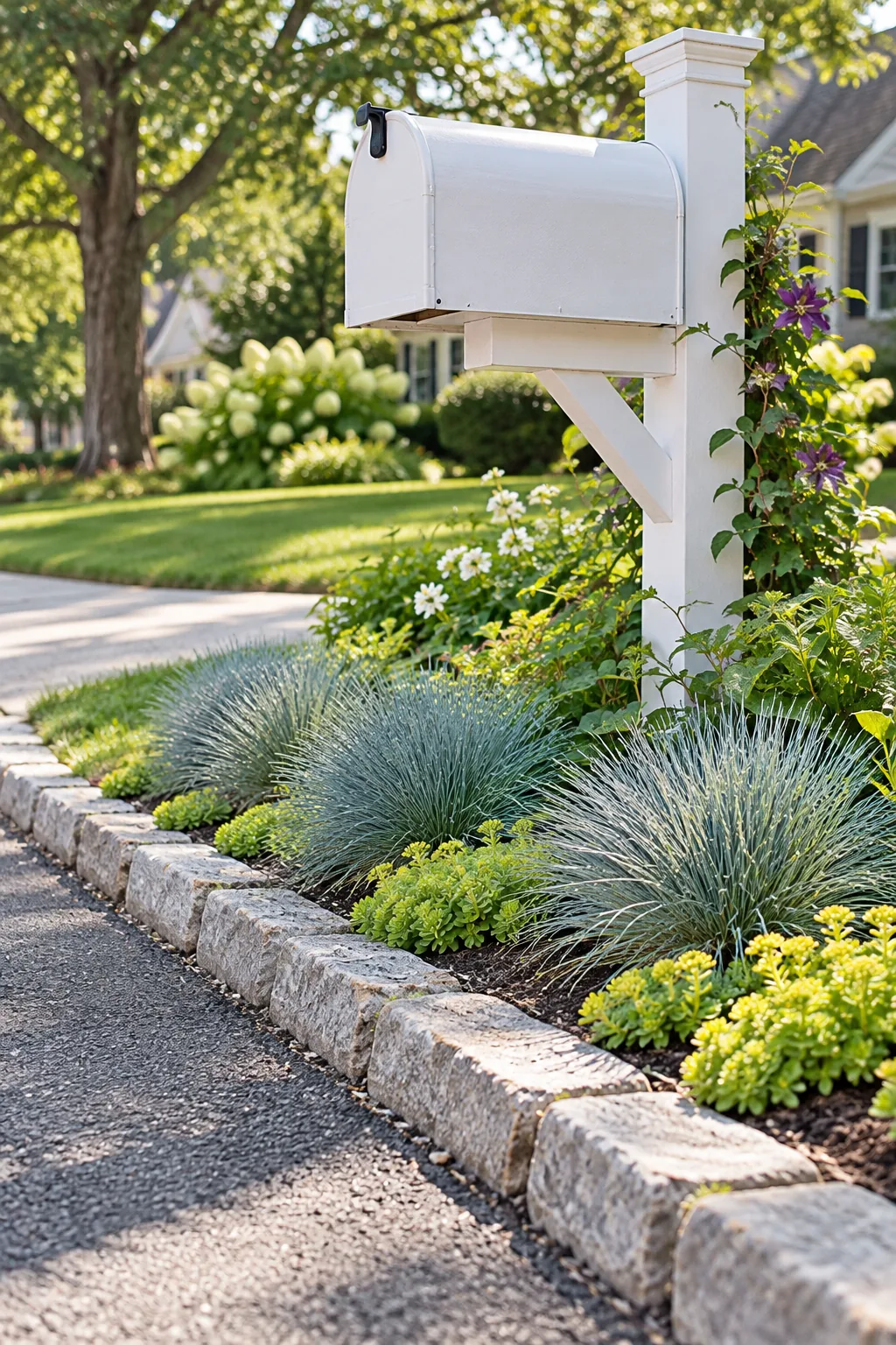 White mailbox on a wooden post with clear space above a bed of low-growing green plants next to an asphalt road.