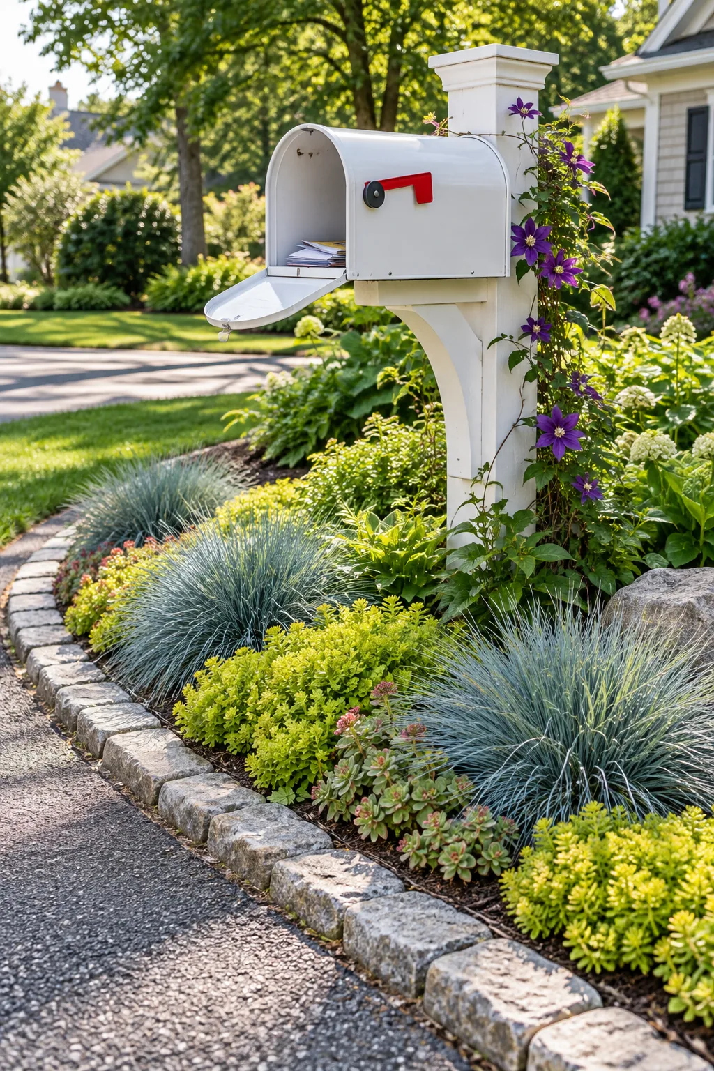 Blue fescue grass and green sedum planted tightly along a cobblestone border next to an asphalt street.