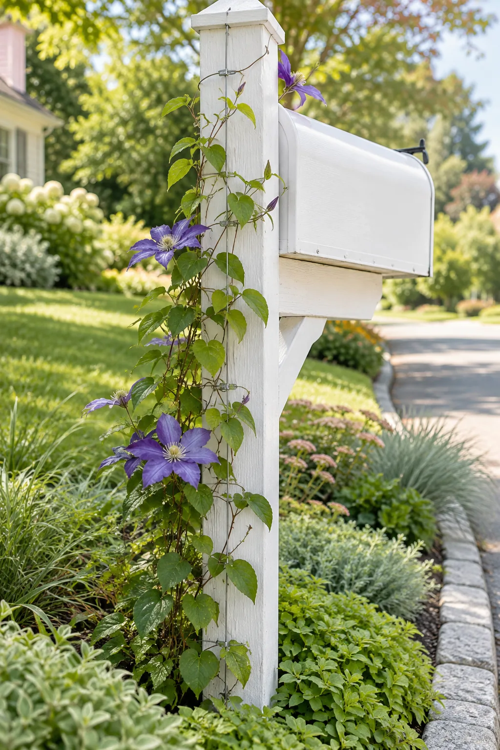 Low creeping green groundcover growing directly beneath the open door of a white curbside mailbox.
