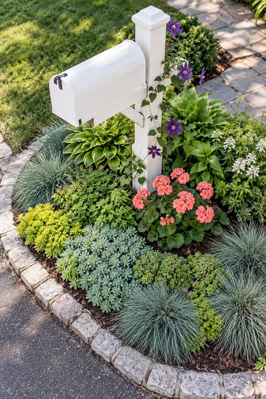 A bright coral flowering plant in a nursery pot nestled flush into a garden bed among green perennials.