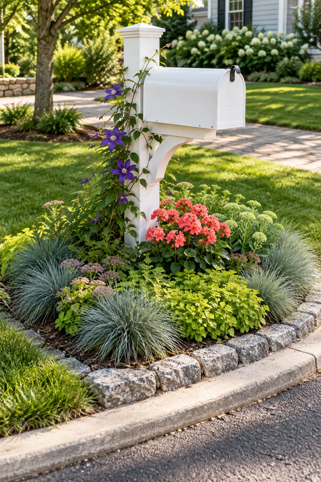 Overhead view of a circular garden bed around a white mailbox post, showing distinct rings of different plants.