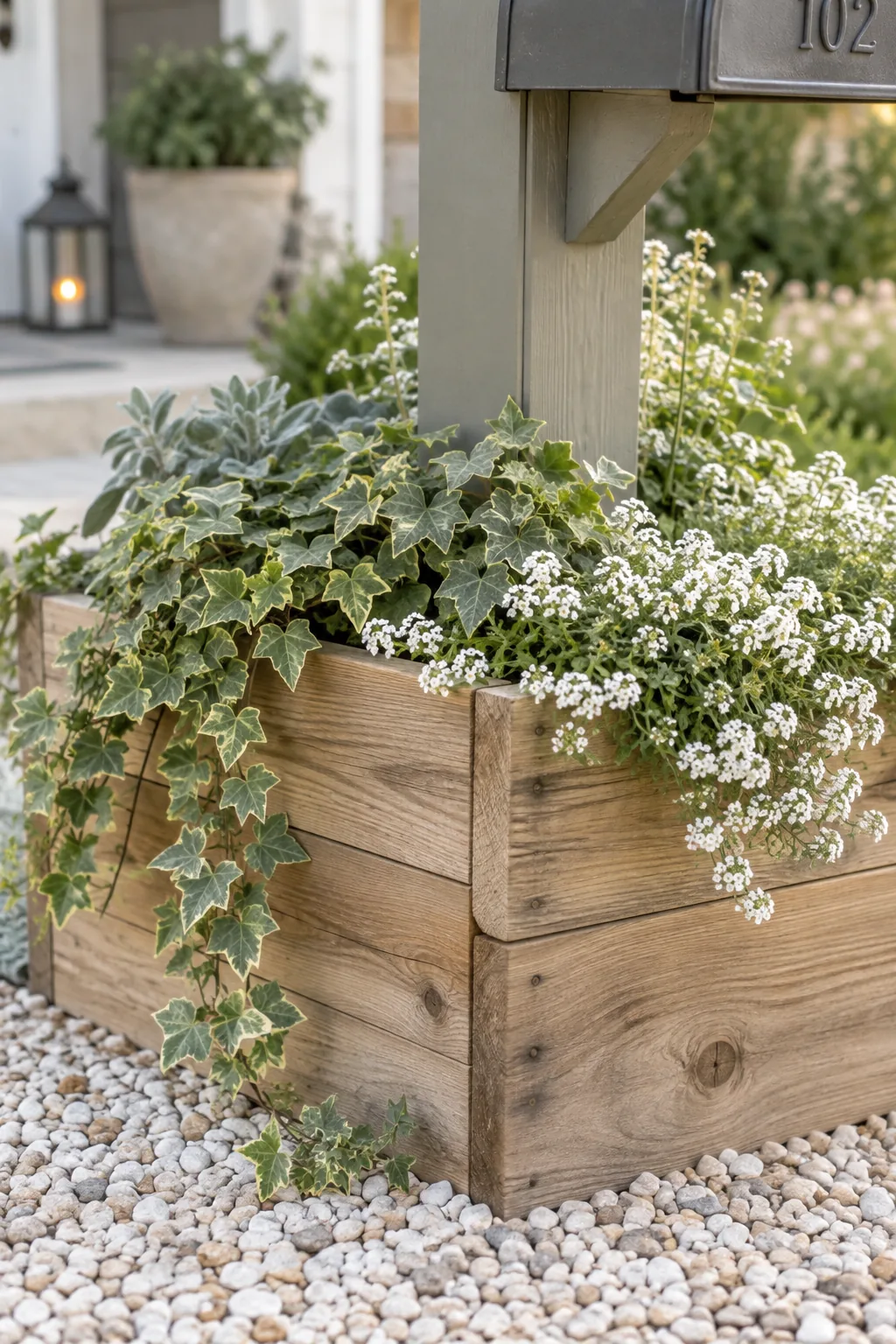 Wooden cedar planter box built around the base of a white mailbox post filled with pink petunias