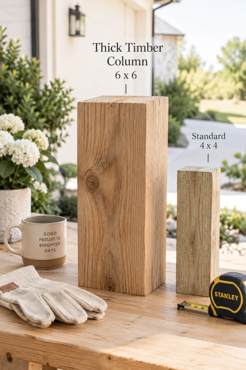 Chunky 6x6 natural wood timber used as a mailbox post on a gravel driveway