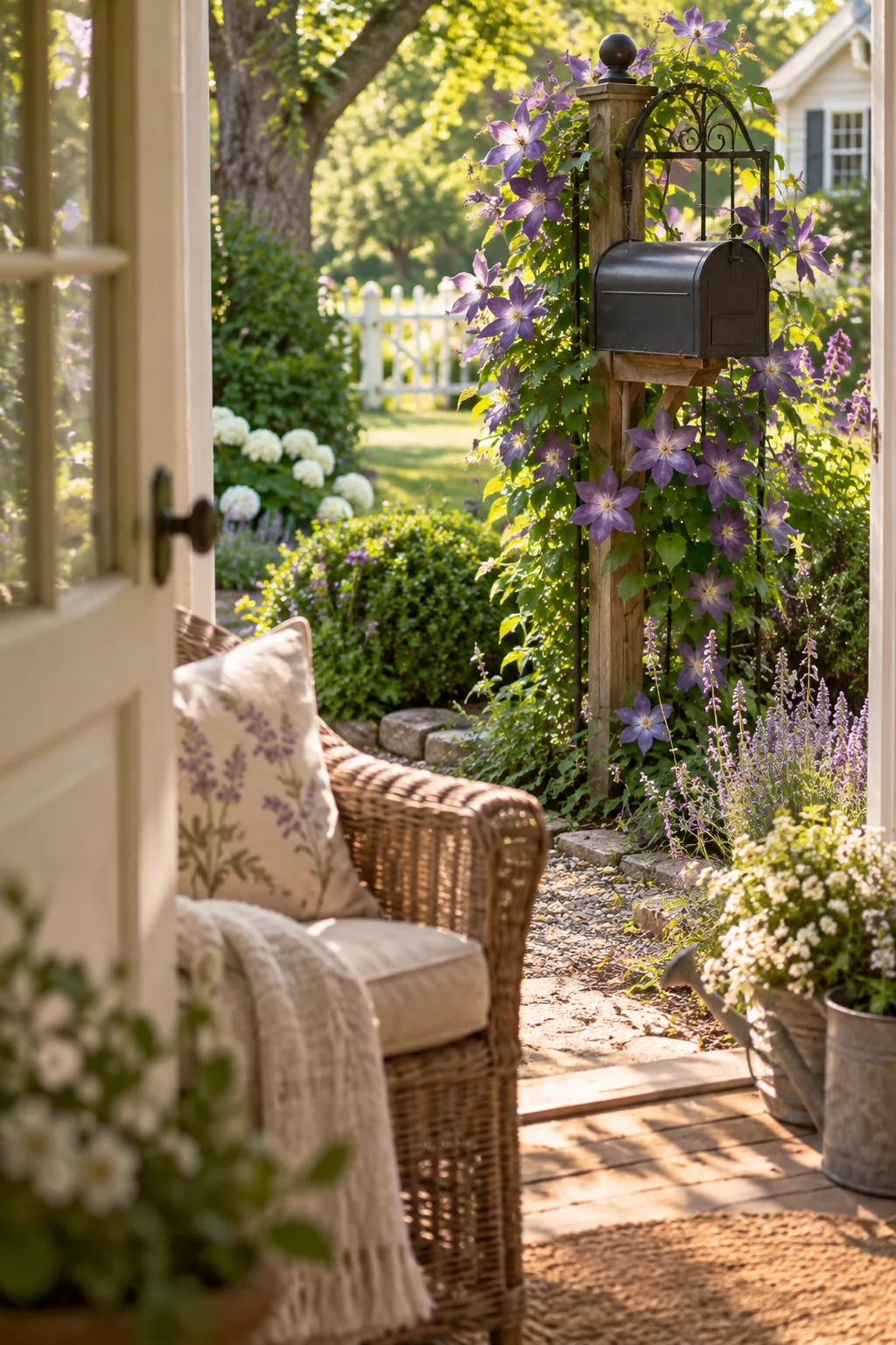 Purple clematis flowers climbing up a wire trellis attached to a wooden mailbox post