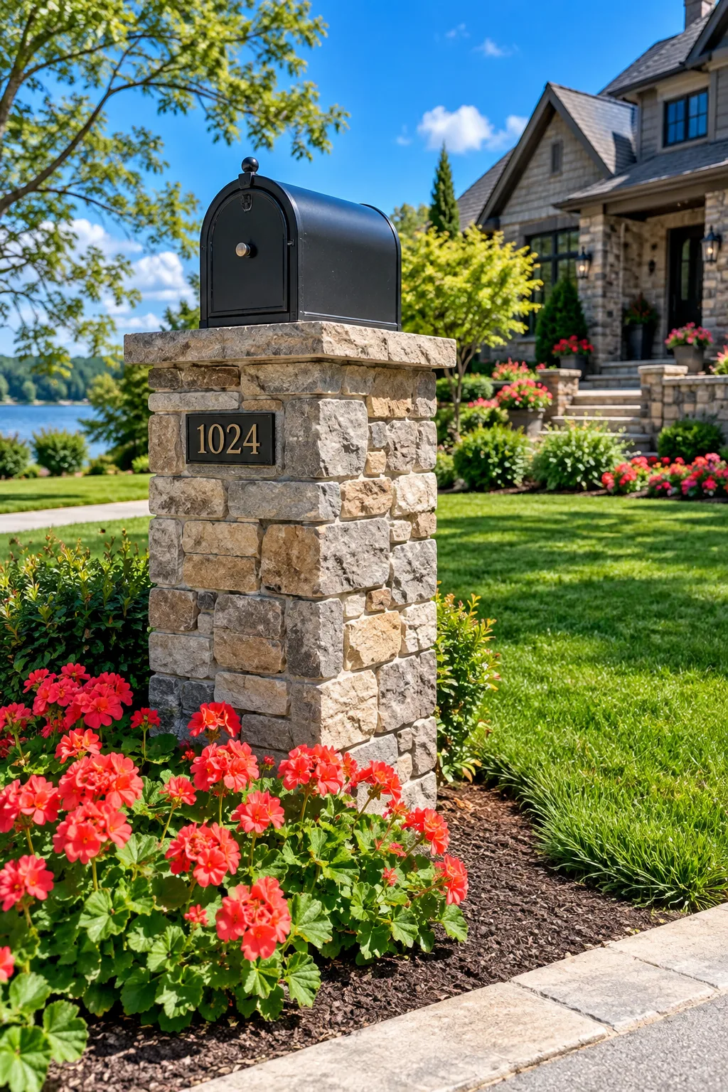Mailbox resting on a column wrapped in faux stacked stone veneer with a flagstone cap