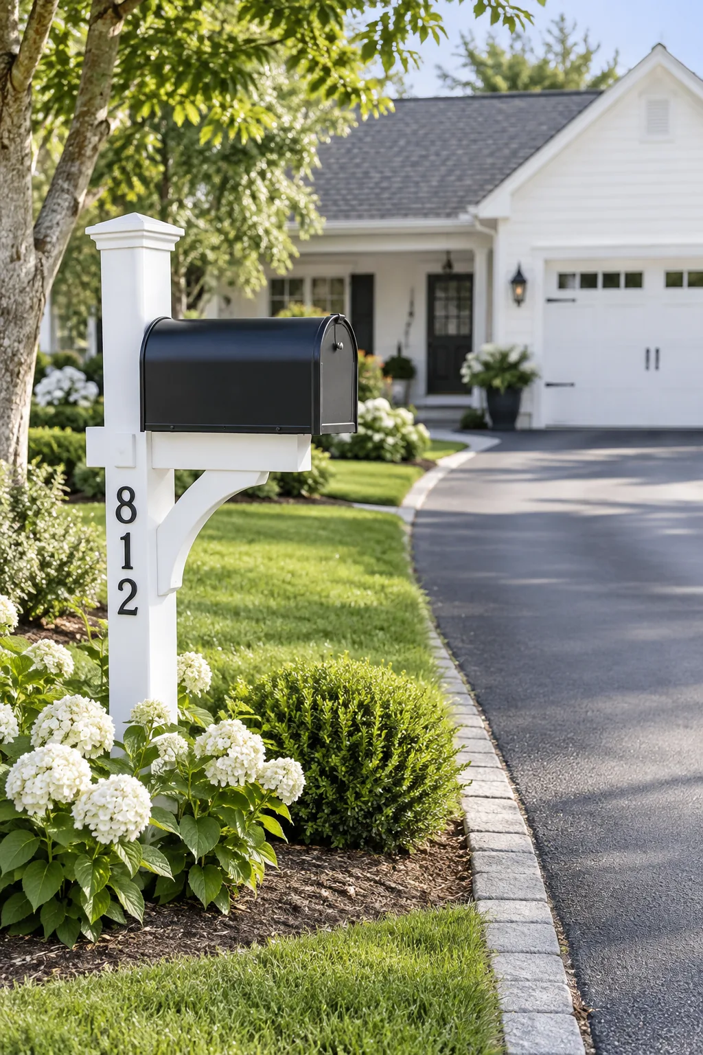 Crisp white painted wooden mailbox post holding a matte black metal mailbox