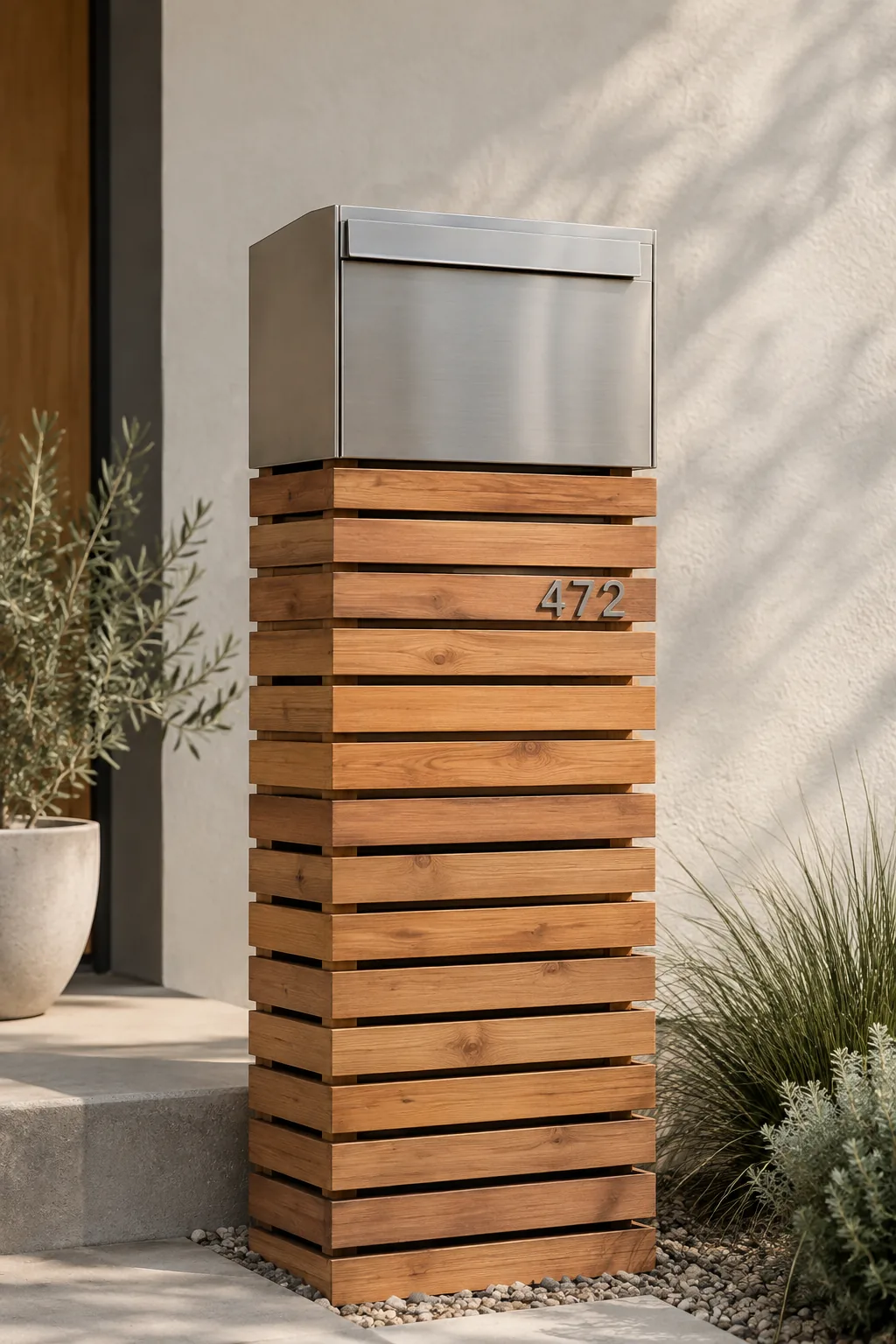 Modern mailbox post made of horizontal natural cedar slats holding a stainless steel mailbox