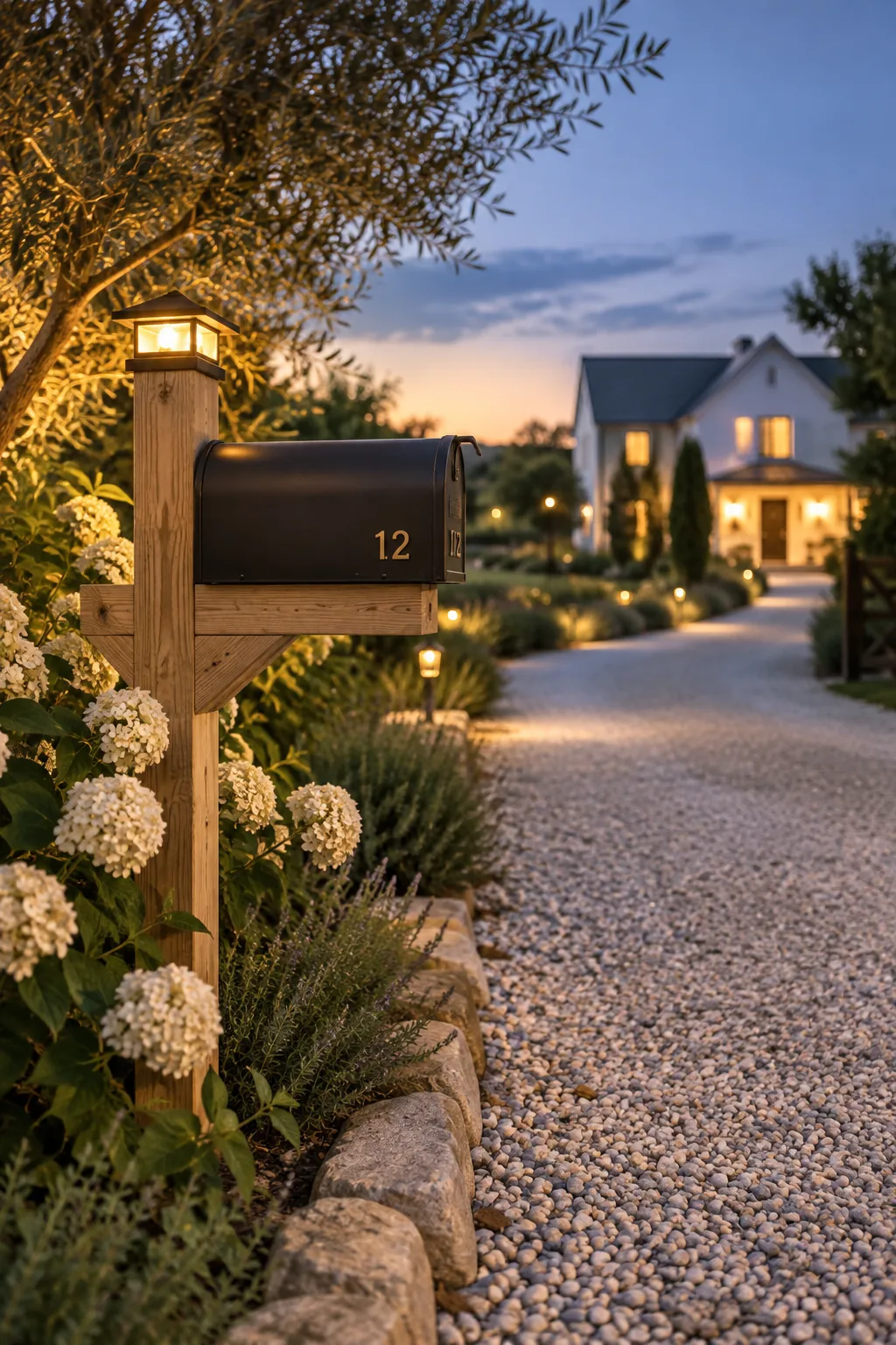 Glowing solar cap light mounted on top of a white wooden mailbox post at dusk