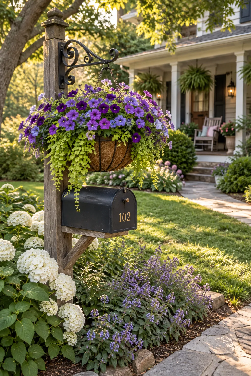 Wrought iron bracket on a wooden mailbox post holding a hanging basket of pink flowers