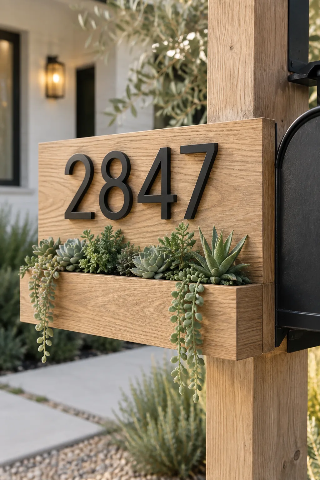 Wooden address plaque with large metal numbers and a small succulent planter attached to a mailbox post
